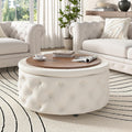 FiveWillowise 30 Inch Round Ottoman with Storage Tray,Large Coffee Table | Circle Modern Button Footstool with Removable Lid,Cozy Foot Stools for Living Room, Bedroom,Makeup Room,Cream White