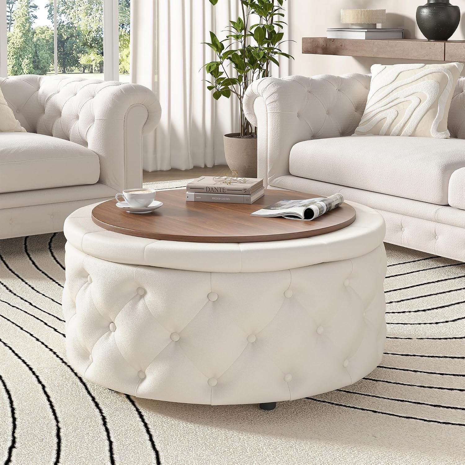 FiveWillowise 30 Inch Round Ottoman with Storage Tray,Large Coffee Table | Circle Modern Button Footstool with Removable Lid,Cozy Foot Stools for Living Room, Bedroom,Makeup Room,Cream White