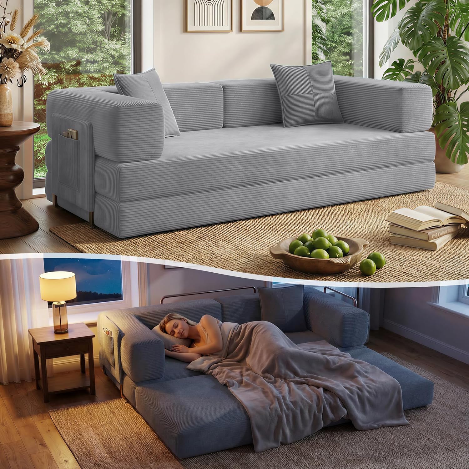 78.8" Couch for Living Room, Futon Sleeper Sofa Bed | Convertible Sofa Bed, Corduroy Pull Out Couch Loveseat with Storage Pocket, Modular Design, No Assembly, Grey