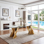 94" Modern Glass Gold Dining Table for 8-10, Luxury Kitchen Table with Tempered Glass Top & Mirror Finish Stainless Steel Base, Large Dinner Pedestal Tables for Home Banquet Hall Room, Only Table