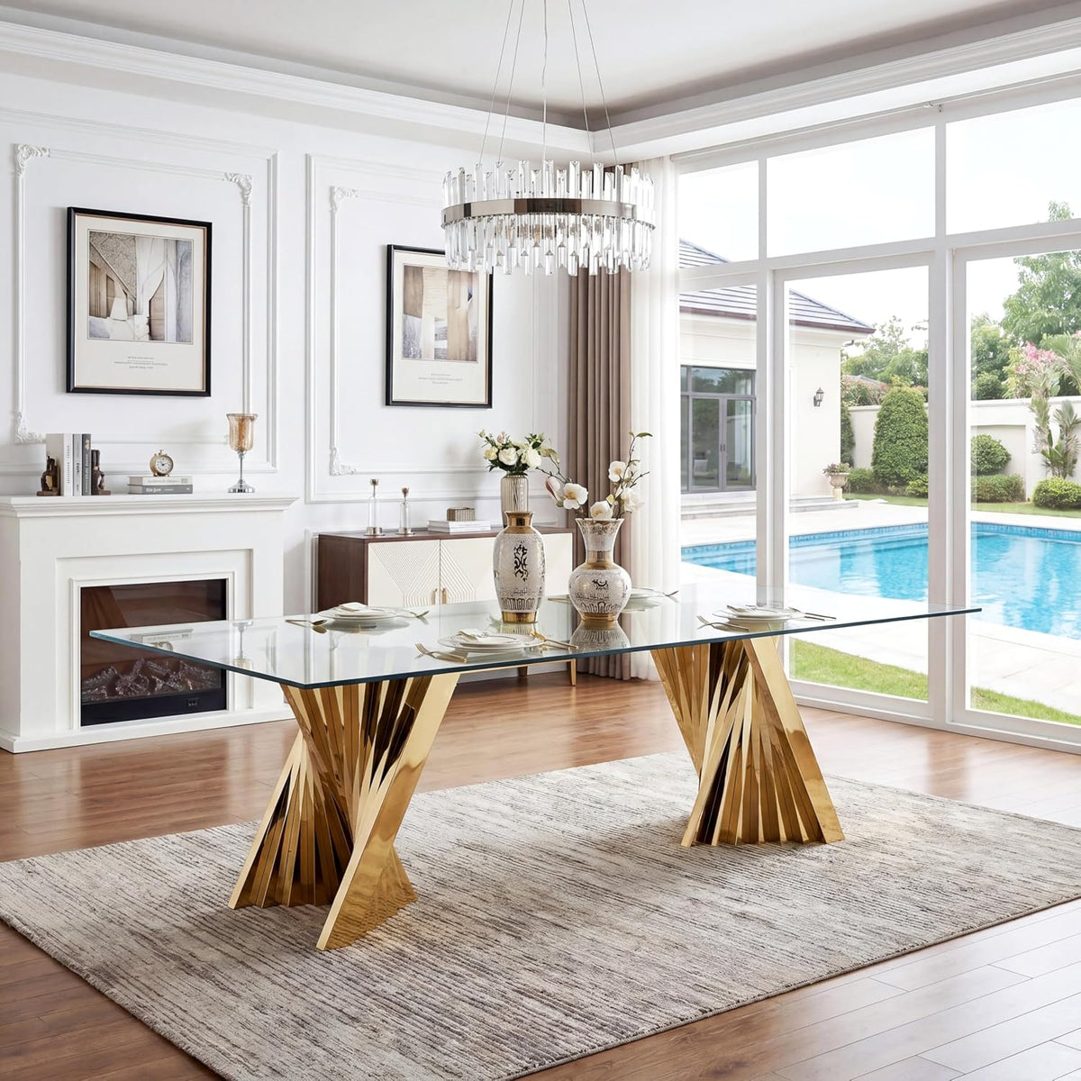 94" Modern Glass Gold Dining Table for 8-10, Luxury Kitchen Table with Tempered Glass Top & Mirror Finish Stainless Steel Base, Large Dinner Pedestal Tables for Home Banquet Hall Room, Only Table