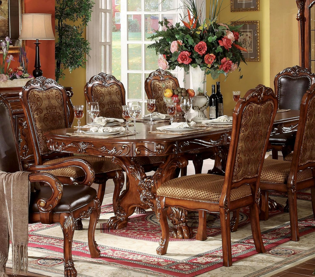 Traditional Kitchen Furniture Set 9pc Formal Dining Table Set Include 1 Extendable Pedestal Table and 8 Upholstered Chairs, 8-Person Solid Wood Extendable Dining Set (Cherry A)