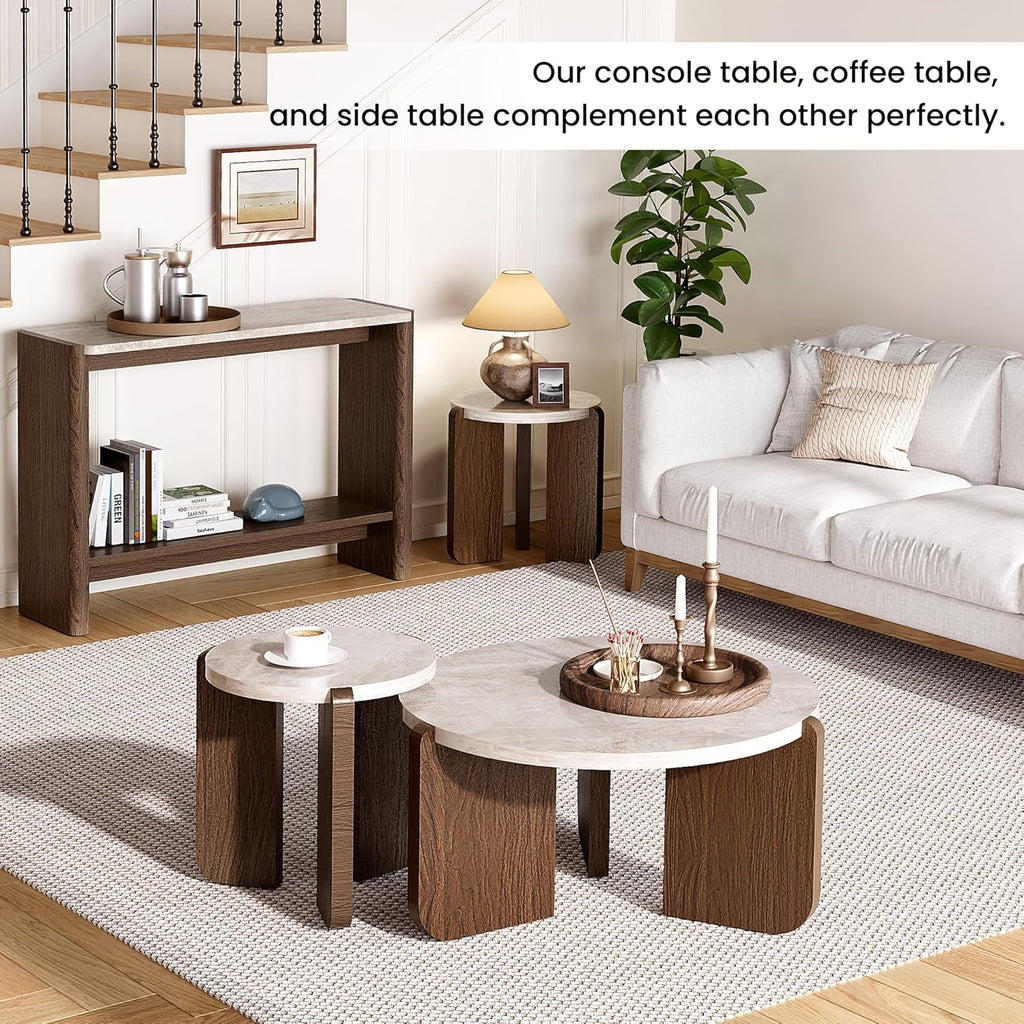 SUNBURY Coffee Table and End Table Sets, Round Marble Modern 3-Piece Living Room Table Set for Office, Living Room, Apartment, Small Space, Easy Assembly Living Room Furniture, Faux Marble