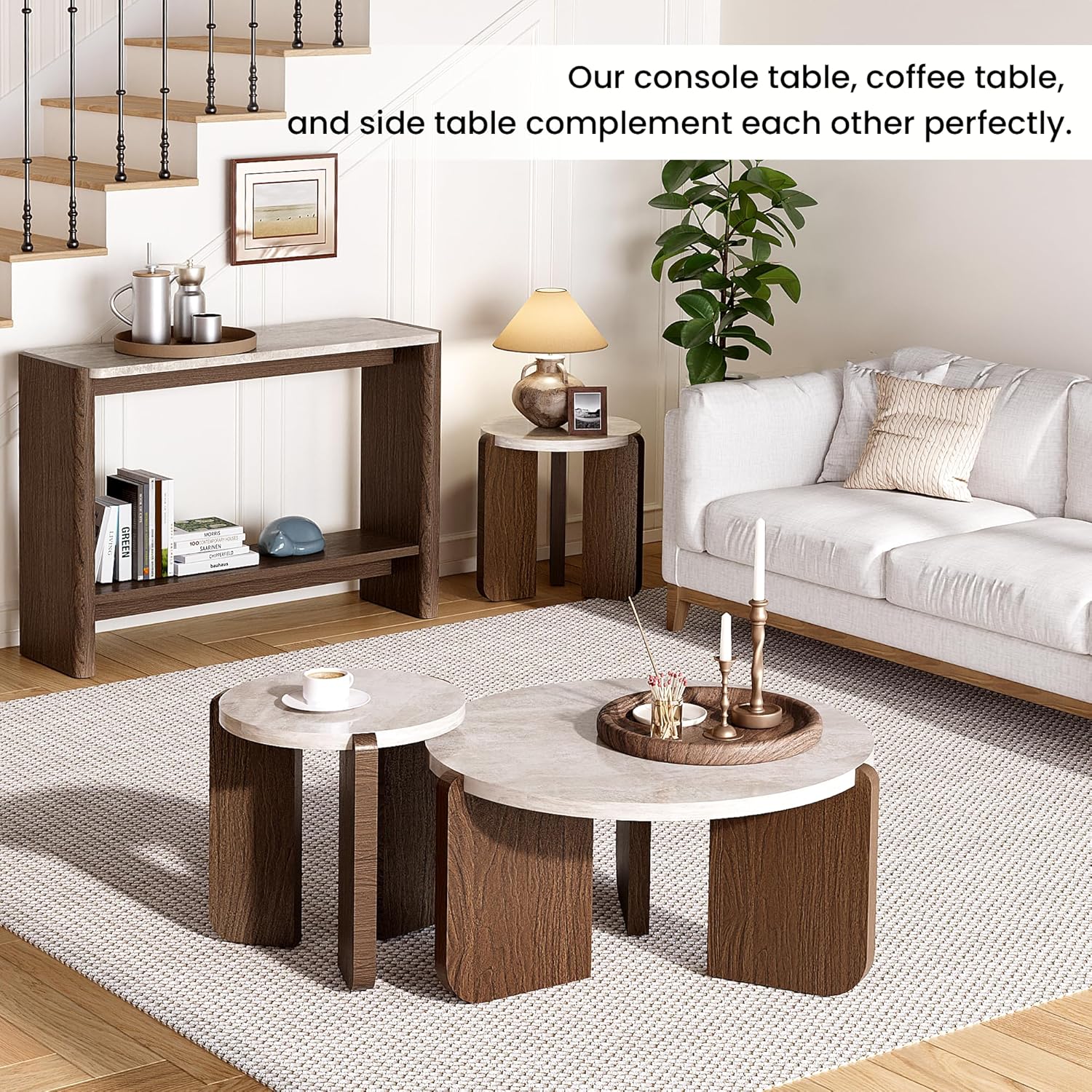 SUNBURY Coffee Table and End Table Sets, Round Marble Modern 3-Piece Living Room Table Set for Office, Living Room, Apartment, Small Space, Easy Assembly Living Room Furniture, Faux Marble
