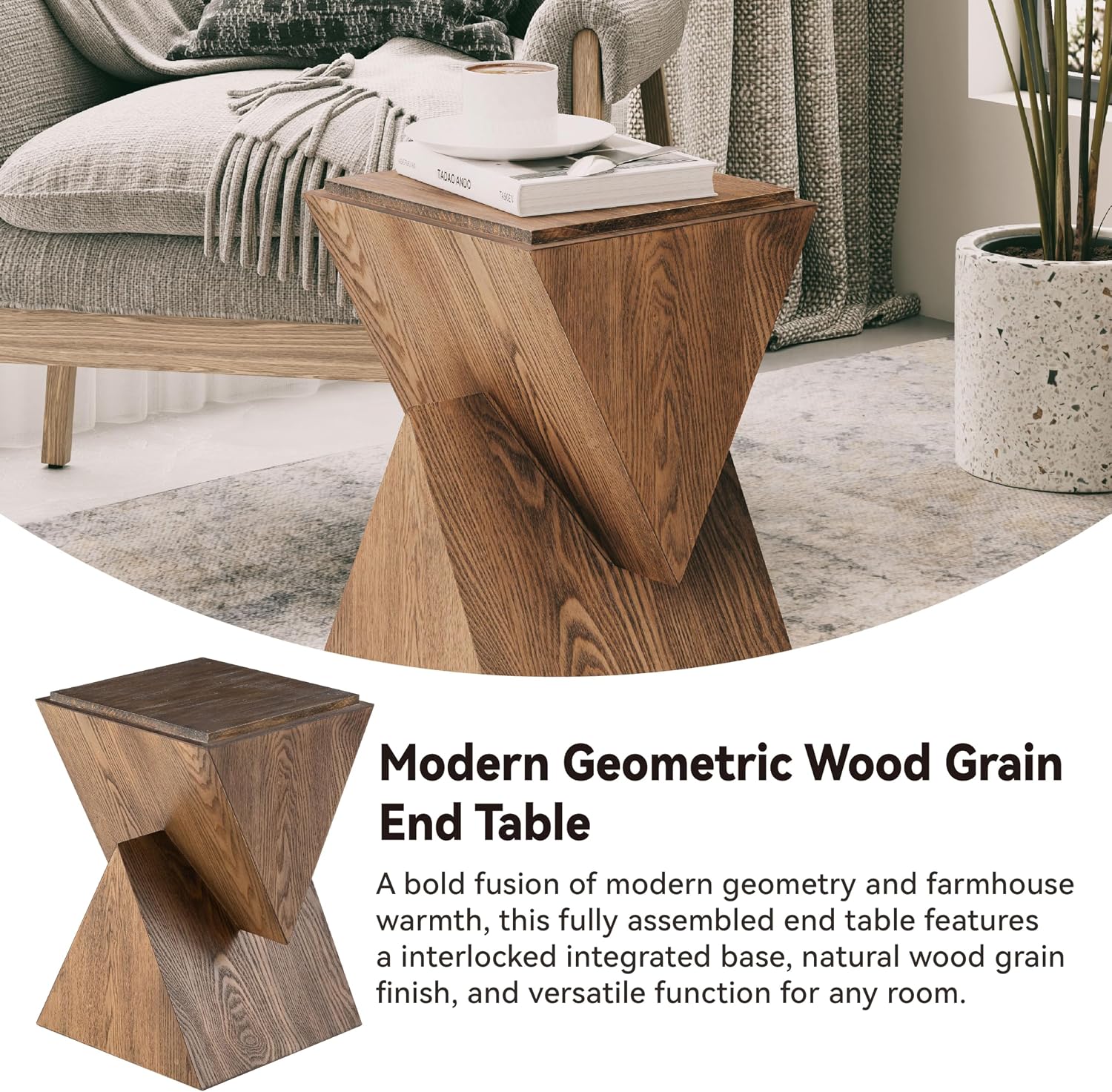 COZAYH Modern Geometric Wood Grain End Table, Fully Assembled, Brown | Farmhouse Structural Design Side Table with Sculptural Pedestal Base for Living Room, Bedroom, Office