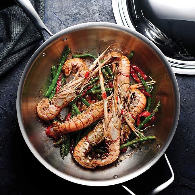 Tramontina Signature Tri-Ply Clad Stainless Steel 12.5-Inch Wok with lid, Induction-Ready, Dishwasher-Safe, NSF-Certified, Made in Brazil