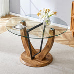 JUFU Round Dining Table for 4/6, 48 Inch Wood Kitchen Table with Stable Pedestal Base, Modern Glass Dining Table for Kitchen, Living Room, Apartment, Restaurant