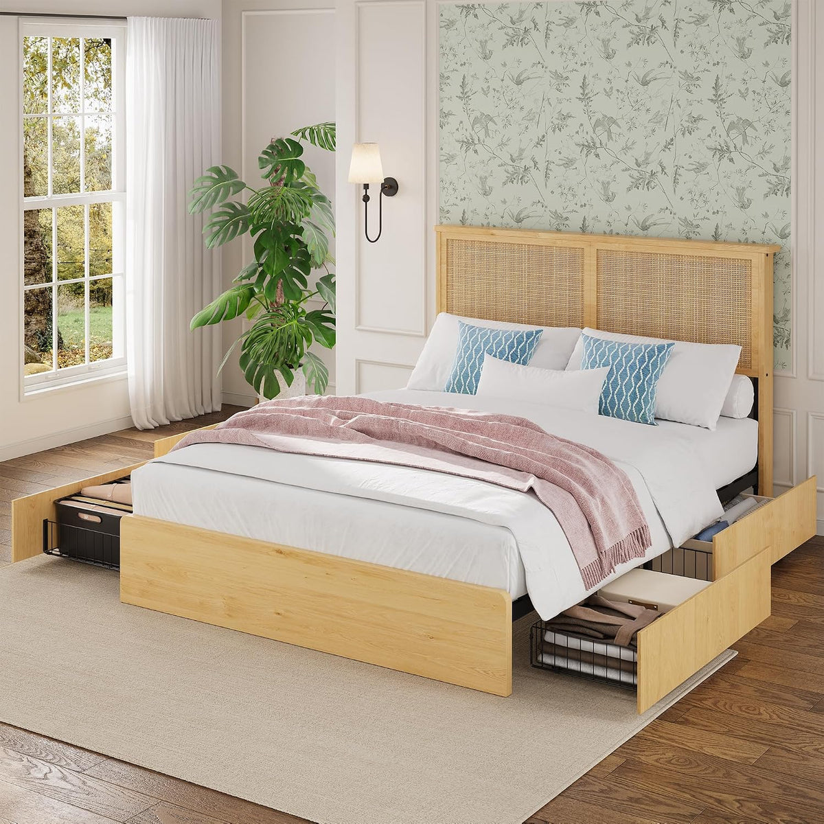 GAOMON Queen Size Bed Frame with 4 Storage Drawers and Rattan Headboard