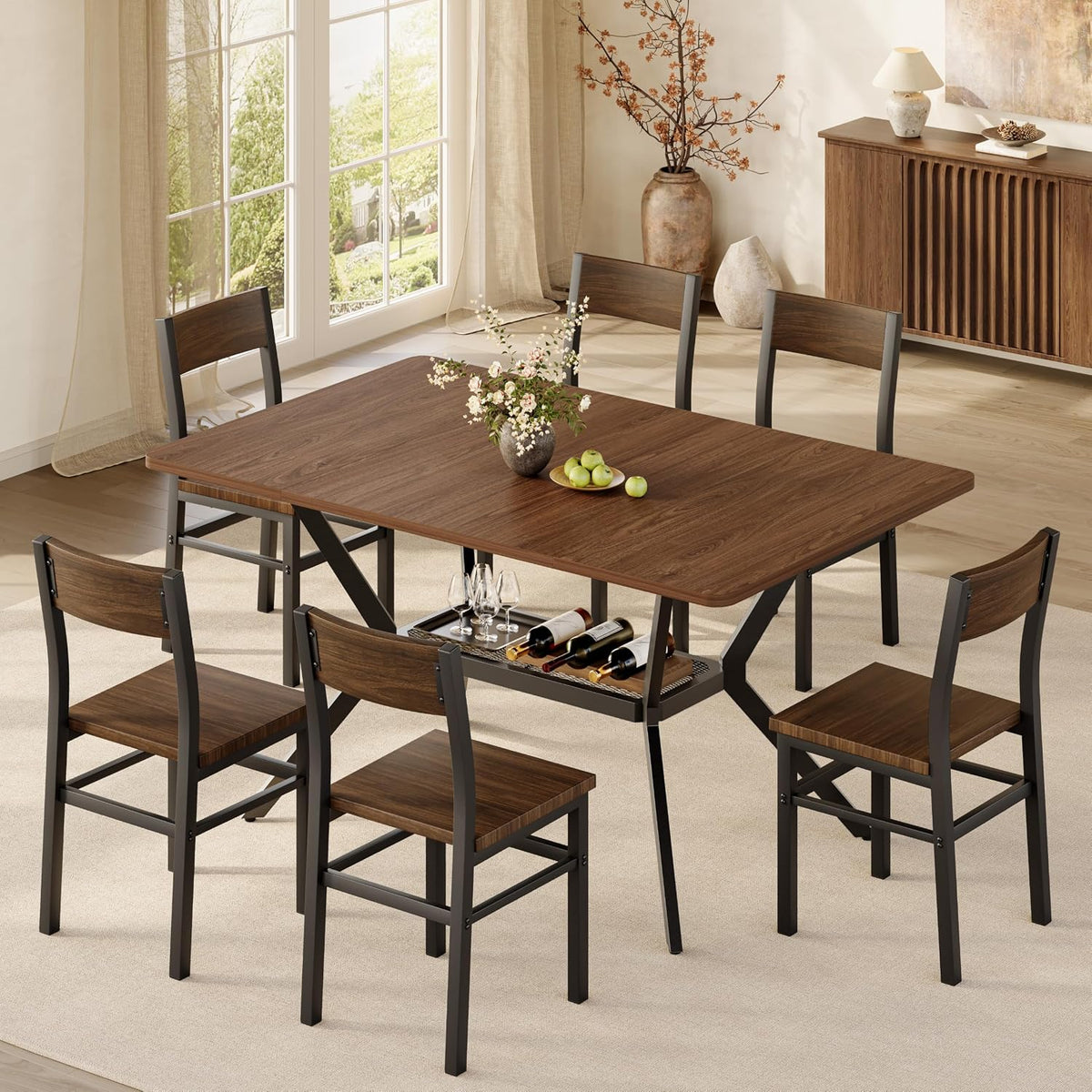 55 inch Dining Table for 4-6, Rectangle Kitchen Table with Storage Shelf, Space Saving Modern Farmhouse Design with Sturdy Metal Legs for Dining Room & Small Apartments