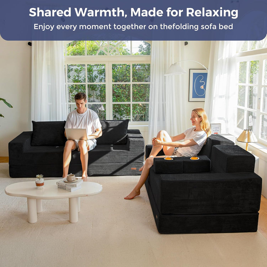 MAXYOYO Sofa Bed, 80-Inch Oversized Loveseat, 2 Cup Holders | Corded Black 4-in-1 Couch Converts Into a Floor Sofa or Chair; Sofa-in-a-Box Design Requires No Assembly.