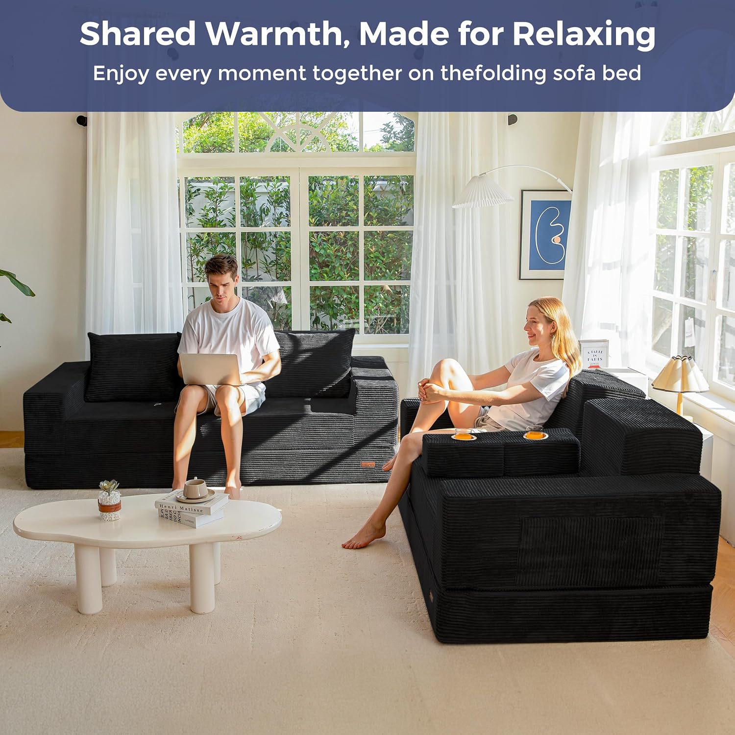 MAXYOYO Sofa Bed, 80-Inch Oversized Loveseat, 2 Cup Holders | Corded Black 4-in-1 Couch Converts Into a Floor Sofa or Chair; Sofa-in-a-Box Design Requires No Assembly.