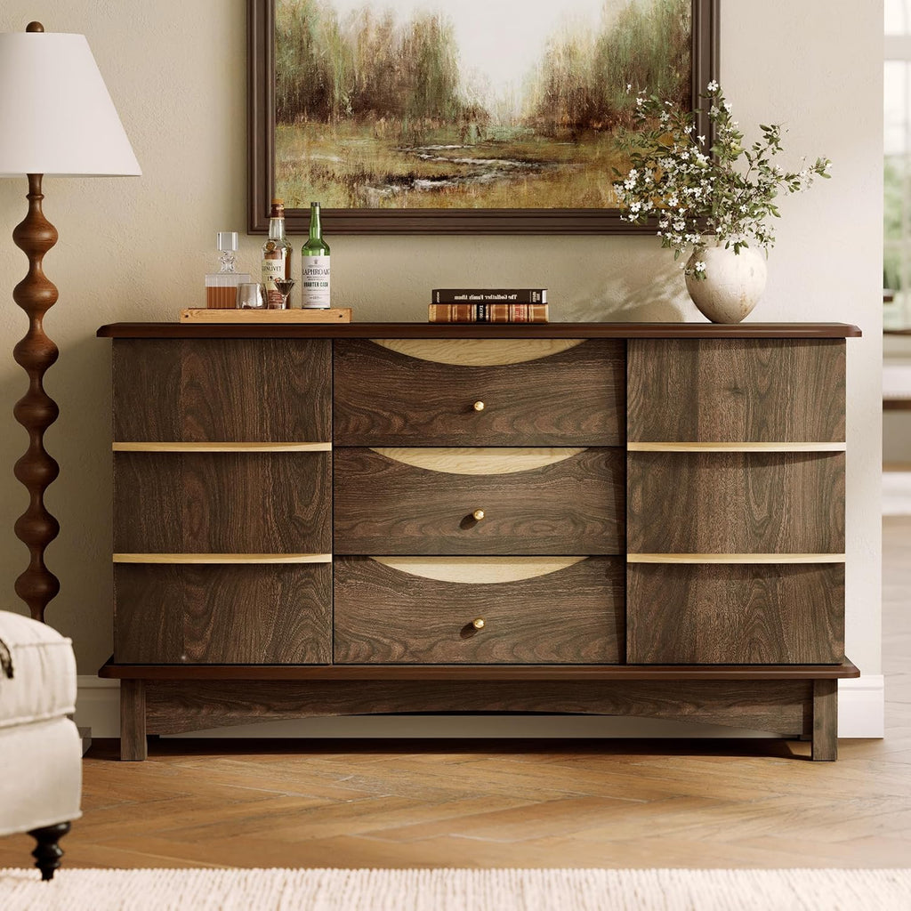STO'SENSE Buffet Cabinet with Stroage, Large Sideboard Buffet Cabinet w/ 3 Drawers, Solid Wood Handle, Modern Coffee Bar Station w/ 2 Doors, Concealed Storage Shelves & Sliding Tray (Walnut)