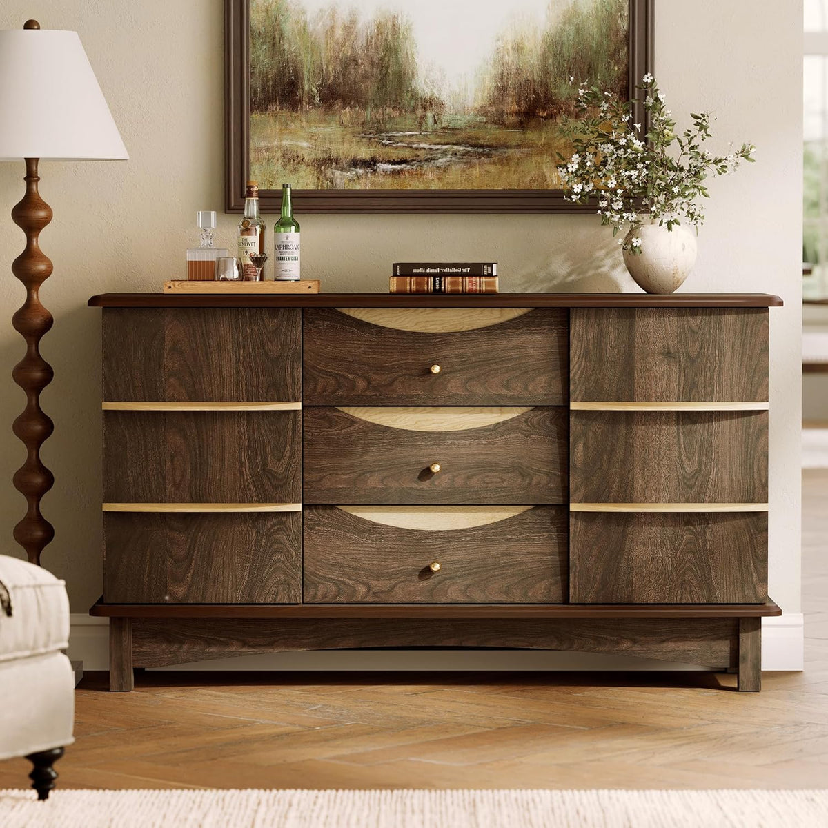STO'SENSE Buffet Cabinet with Stroage, Large Sideboard Buffet Cabinet w/ 3 Drawers, Solid Wood Handle, Modern Coffee Bar Station w/ 2 Doors, Concealed Storage Shelves & Sliding Tray (Walnut)