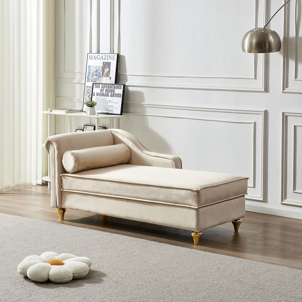 60.6''Velvet Chaise Lounge Indoor, Modern Velvet Lounge Chair with Left Armrest & Lumbar Pillow,Button Tufted Lounge Sofa with Storage for Bedroom, Living Room and Office，Beige