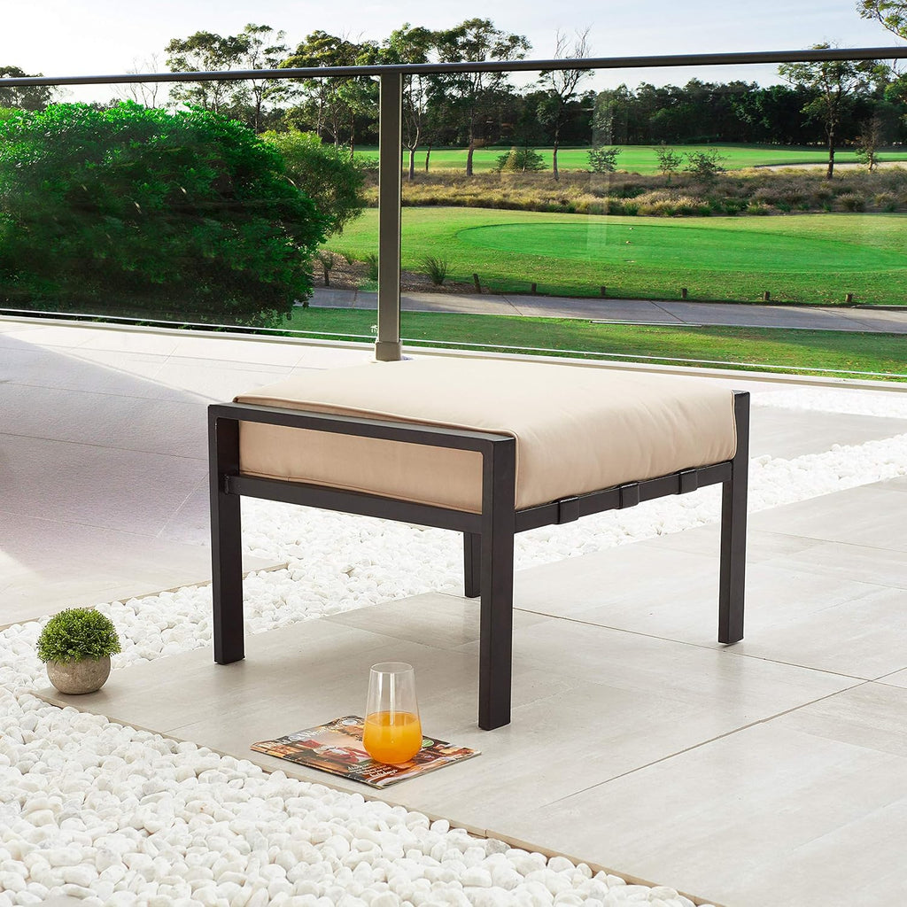 LOKATSE HOME Outdoor Patio Ottoman Metal Footstool with Soft Thick Cushion for Backyard Deck Lawn Garden, Beige