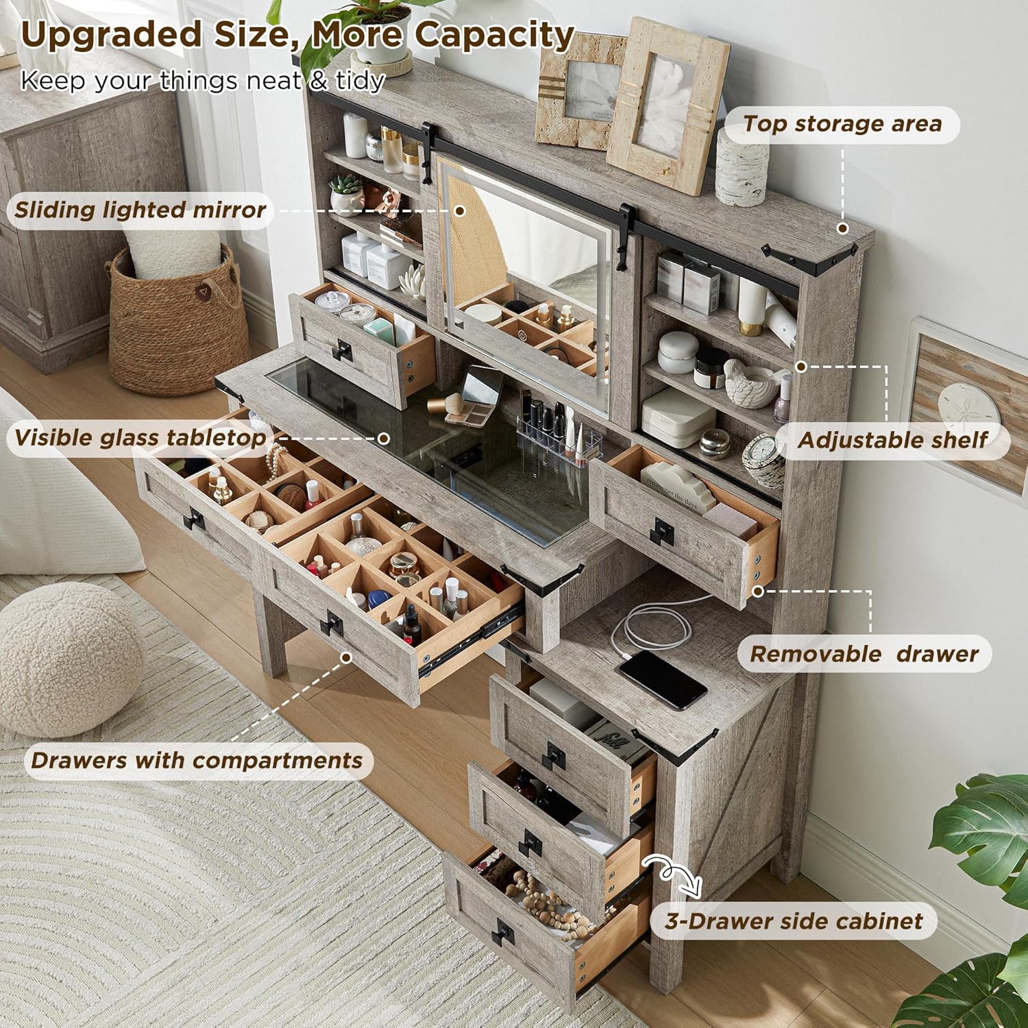 T4TREAM 48'' Farmhouse Makeup Vanity Desk with Sliding HD Mirror and Lights, Big Modern Lighted Vanity Table with 7 Drawers & Shelves, Rustic Large Dressing Table for Bedroom, Light Rustic Oak