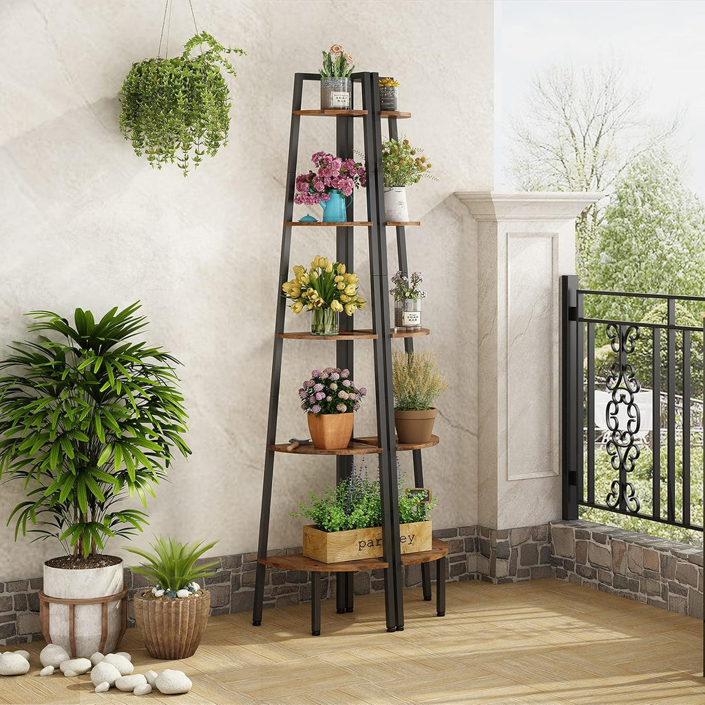 Hoctieon Corner Shelf, 5-Tier Corner Bookshelf, Rustic Ladder Shelf, Industrial Display Stand for Living Room, Kitchen, Home Office, Balcony, Small Space, Metal Frame, Rustic Brown