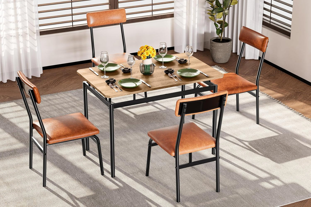 Garvee Dining Table Set for 4, 5 Piece Wooden Dining Table and Chairs, 4 PU Upholstered Chair, Modern Metal Frame Dinette Set for Dining Room, Home Dinner, Party, Apartment, Brown
