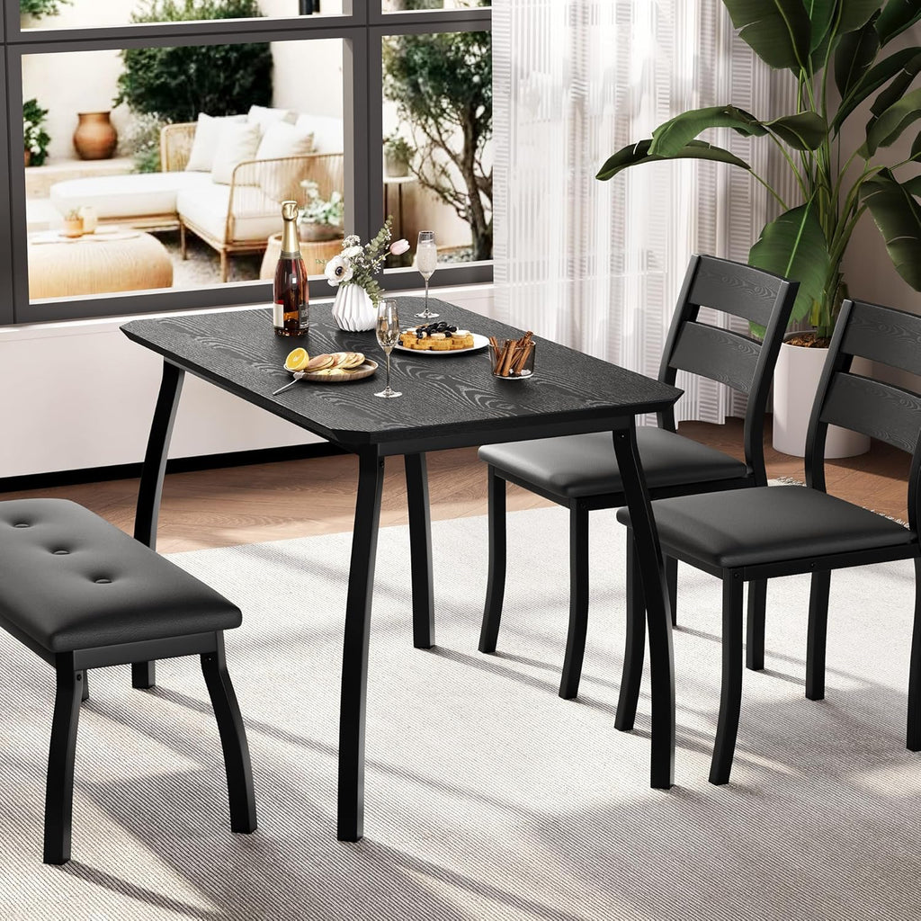 Dining Table Set for 4, 3-Piece Wooden Kitchen Table with 2 Upholstered Benches, Space-Saving Dinette Set for Restaurant, Studio, Dining Room, Home Kitchen, Gray (Black, 2 Chairs + 1 Bench)