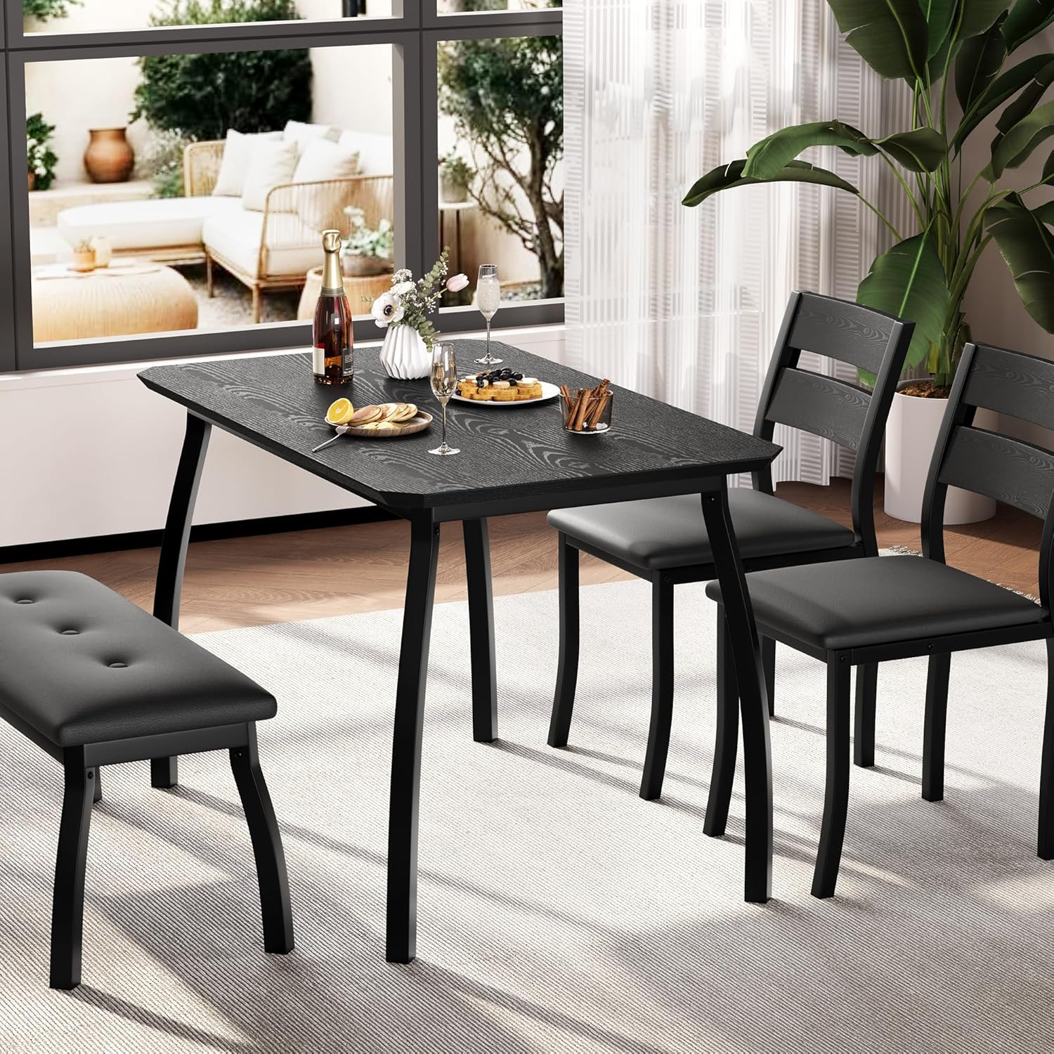 Dining Table Set for 4, 3-Piece Wooden Kitchen Table with 2 Upholstered Benches, Space-Saving Dinette Set for Restaurant, Studio, Dining Room, Home Kitchen, Gray (Black, 2 Chairs + 1 Bench)