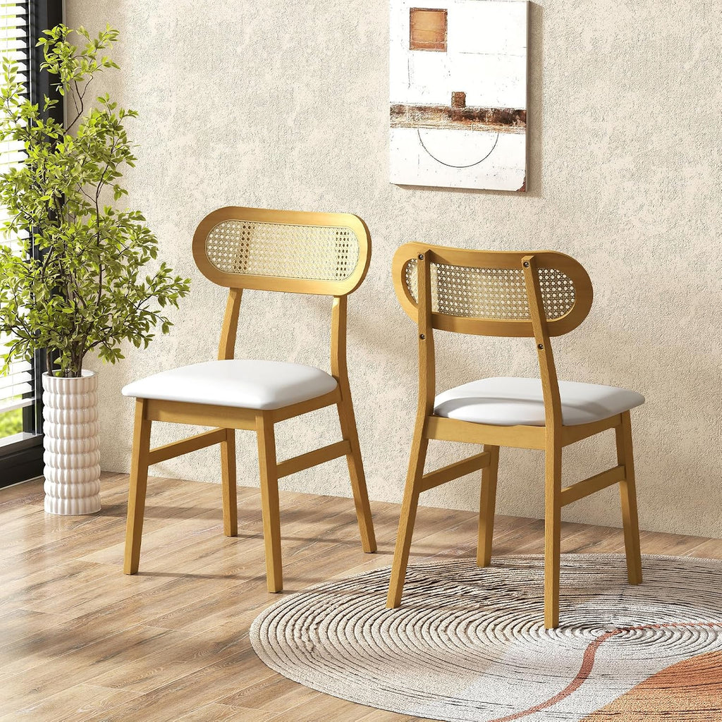 GOFLAME Wooden Dining Chairs Set of 4, Mid-Century Modern Kitchen Chairs with Upholstered Seat & Rattan Backrest, Faux Leather Cover, Armless Side Chairs for Dining Room, Restaurant, White