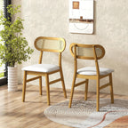 GOFLAME Wooden Dining Chairs Set of 4, Mid-Century Modern Kitchen Chairs with Upholstered Seat & Rattan Backrest, Faux Leather Cover, Armless Side Chairs for Dining Room, Restaurant, White