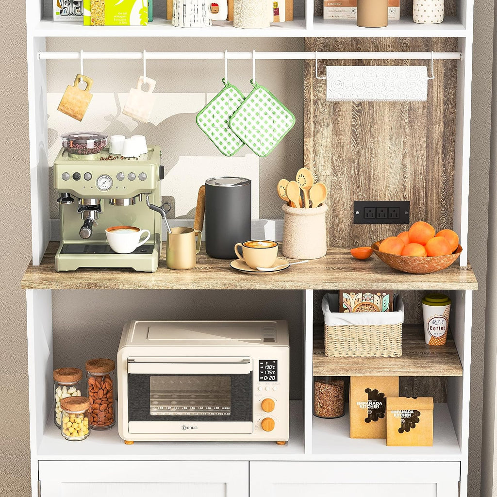 71" Kitchen Pantry Storage Cabinet, Microwave Stand with Storage & Bakers Rack with Power Outlet and Countertop for Living Room, Dining Room, White