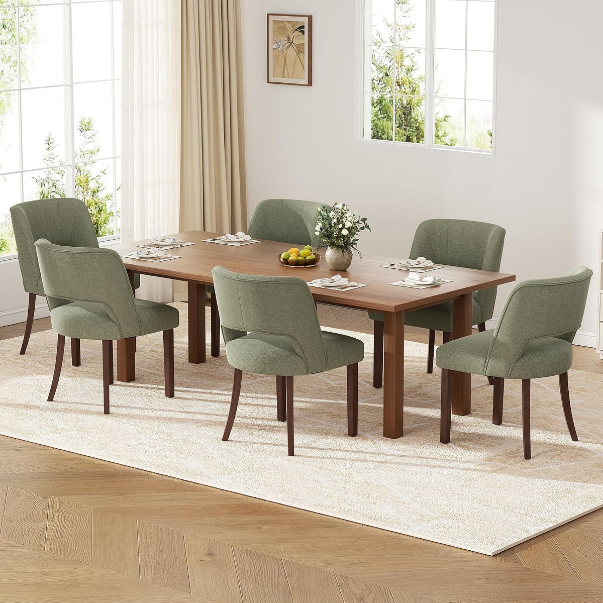 Dining Chairs Set of 6,Modern Dining Room Chairs with Thick Cushions,Linen Upholstered Kitchen Dining Chairs with Wood Legs for Kitchen Dining Room Living Room,Green