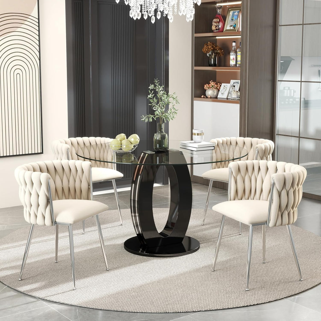 RGZ 47'' Modern Luxury Clear Glass Round Dining Table for 4-6, Glass Circle Top Kitchen Table with Elegant Silver Decorative Strips & Black Base, Circular Apartment Dinner Table for Home, Living Room
