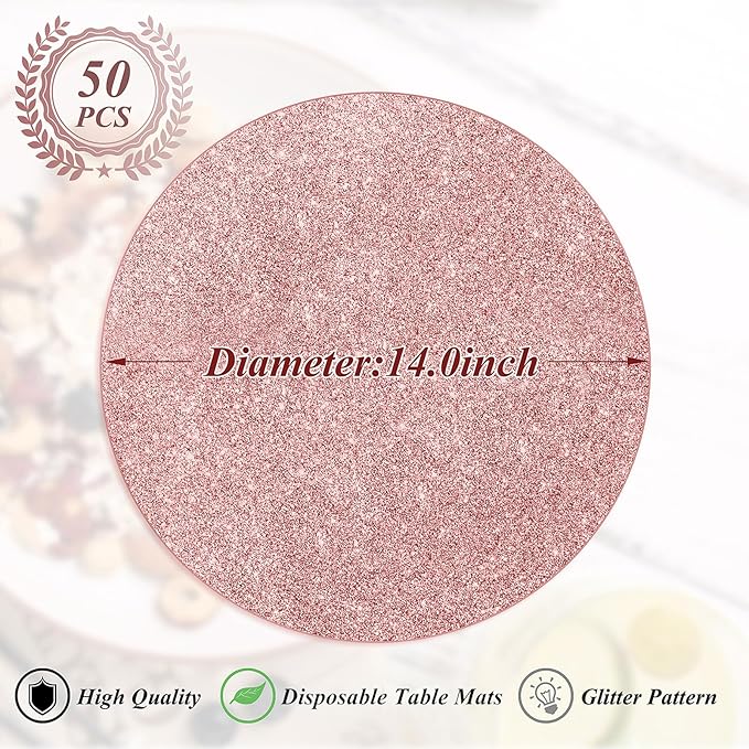 50 Pieces Rose Gold Glitter Paper Place Mats Sparkle 14'' Round Disposable Table Mats Rose Golden Doilies Decorative Placemats for Wedding Banquet Party Home Dining Table Decor