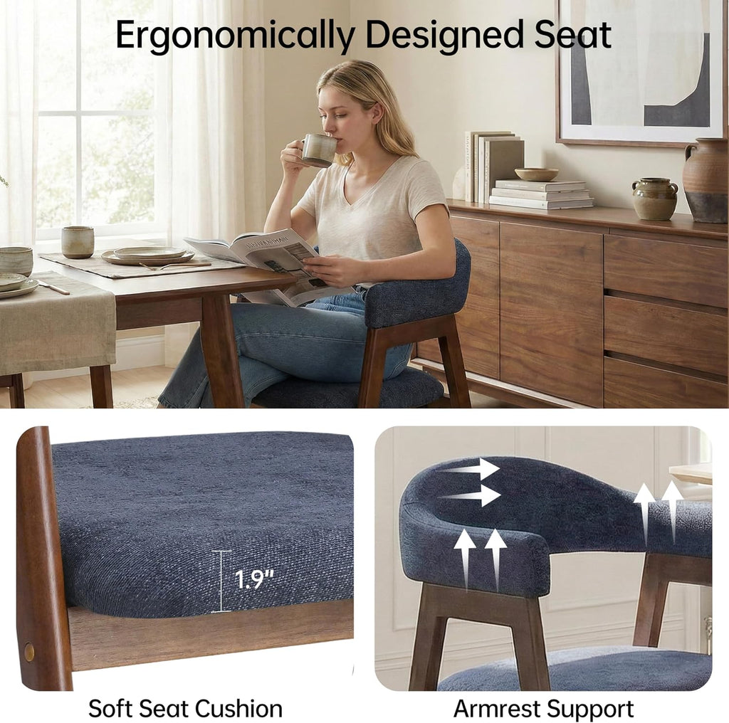 VKNOW Wooden Dining Chairs Set of 4, Modern Fabric Upholstered Kitchen Armchairs with Curved Open Back and Solid Wood Legs, Farmhouse Dining Room Chairs for Kitchen, Navy
