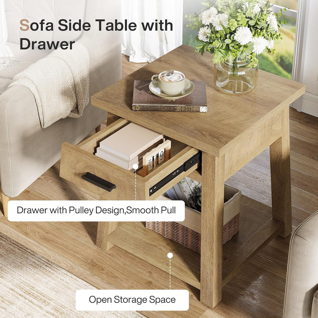 Tribesigns Farmhouse Square Side Table, 2 -Tier Wooden End Table with Drawer, Rustic Nightstands with Shelf Storage for Living Room, Bedroom, Office and Small Spaces