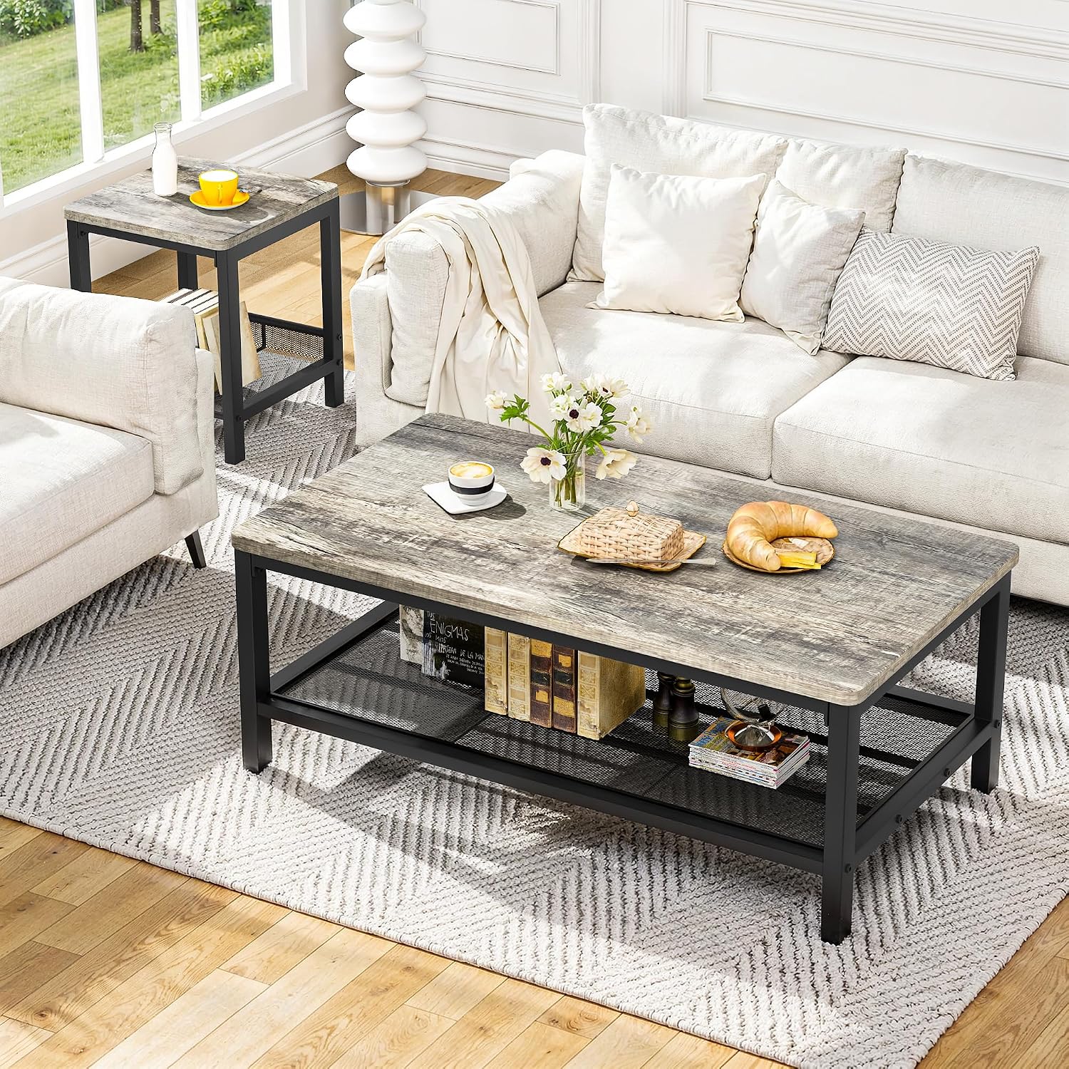 Recaceik 3-Piece Living Room Coffee Table Set, Industrial Coffee Table with 2 Square End Side Tables, Modern Living Room Table Set with Metal Frame for Apartment Home Office (Grey)