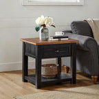 Monterey Farmhouse Rustic End Table, Solid Pine Wood Coastal Side Table with Drawer and Shelf. Black and Honey.