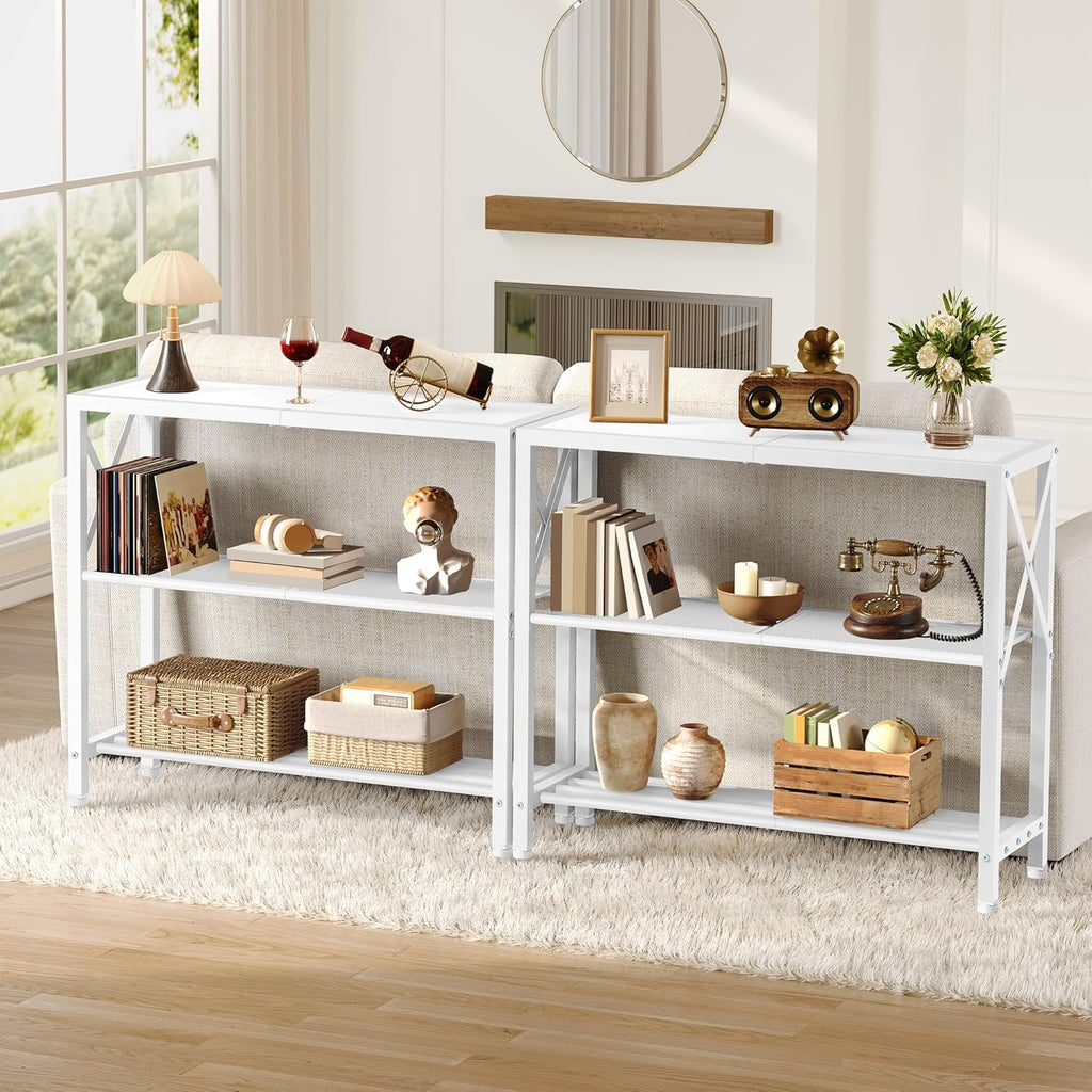 Hoctieon Industrial Console Table, 3 Tier Entryway Table, Metal Frame, Sofa Table with Shelf, Hallway Table, Entrance Table for Entryway, Living Room, Foyer, Hallway, White