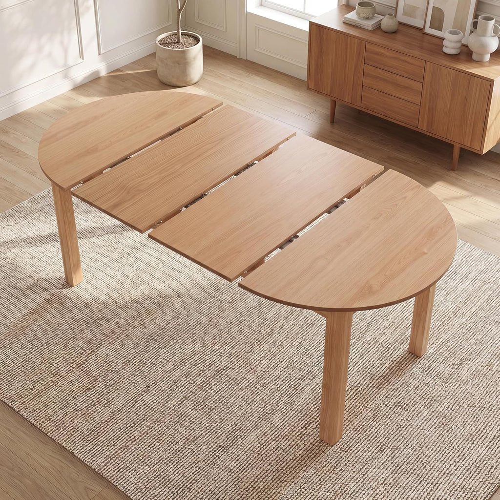 HNY Extendable Dining Table Round to Oval for 4-8, 42"-77" Oak Veneer Kitchen Table with Sturdy Legs, Modern Farmhouse Expandable Dining Room Table for Family Gatherings & Small Apartments, Natural