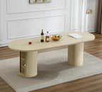 63"-94" Large Oval Extendable Dining Table for 6 8 10, Faux Travertine Expandable Kitchen Table with 2 Storage Base & Sliding Doors, Modern Farmhouse Dining Table for Dinner Party Family Gathering