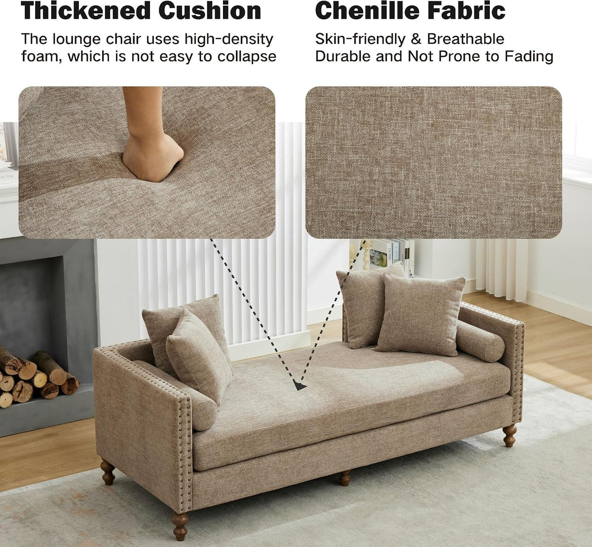 Chifee & Vingol 75.2" W Retro Oversized Chaise Lounge Chair Indoor with Left & Right Armrest,6 Pillows,Solid Wood Legs,Brown