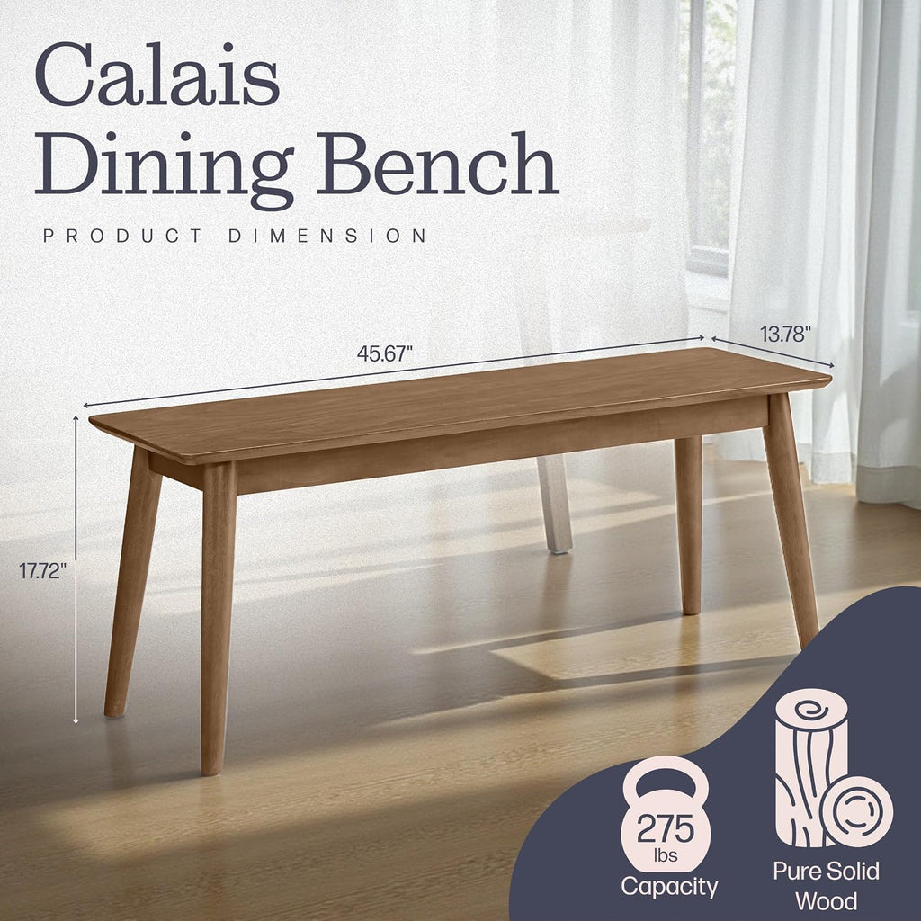 Alaterre Furniture Calais Dining – Mid Century Modern 46-Inch Solid Wood Dining Bench – Entryway Bench with Minimalist Design for Entryway, Dining Room, Kitchen, or Bedroom (Warm Pecan Finish)