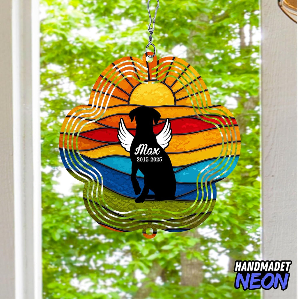 Personalized Dog Memorial Wind Spinner Metal Outdoor Art, Custom Rainbow Angel Wings 3D Kinetic Sculpture, Ornament Hanging Pet Sympathy Gifts for Dogs