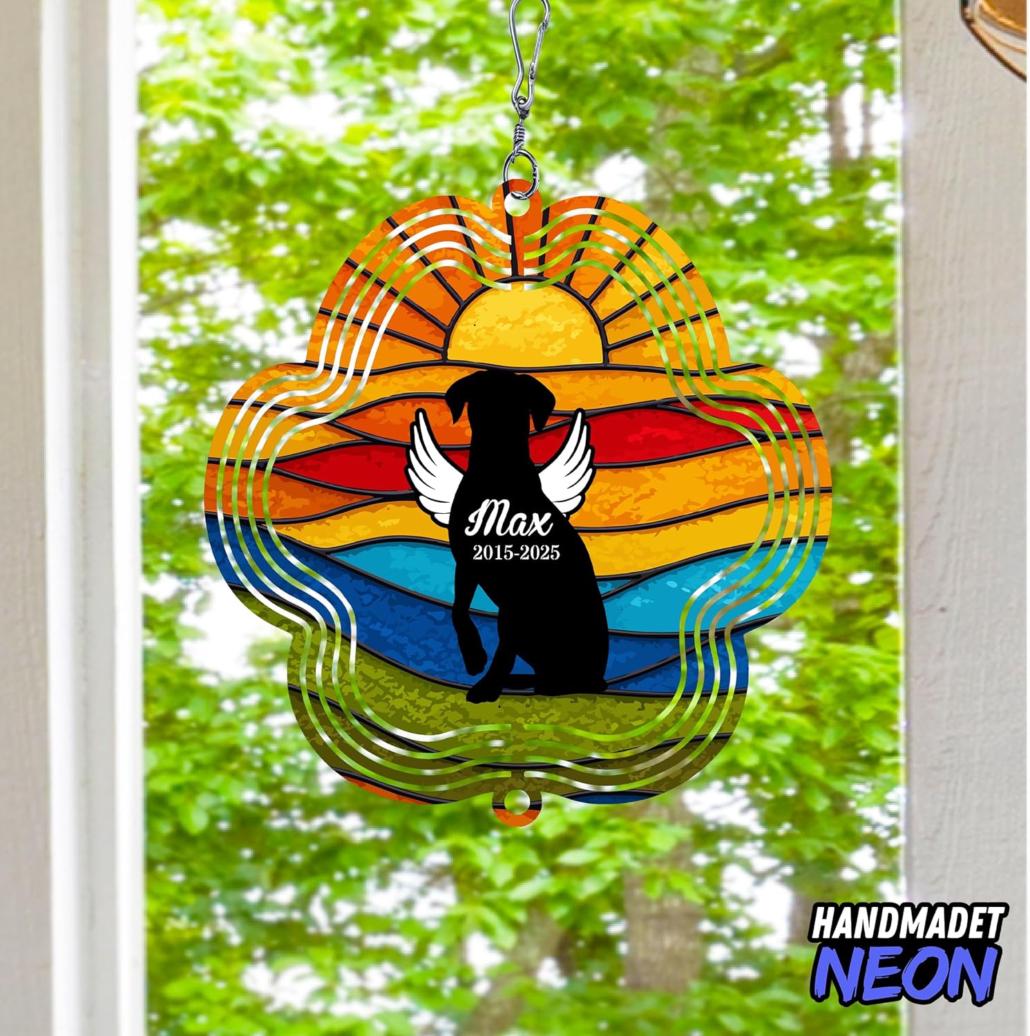Personalized Dog Memorial Wind Spinner Metal Outdoor Art, Custom Rainbow Angel Wings 3D Kinetic Sculpture, Ornament Hanging Pet Sympathy Gifts for Dogs