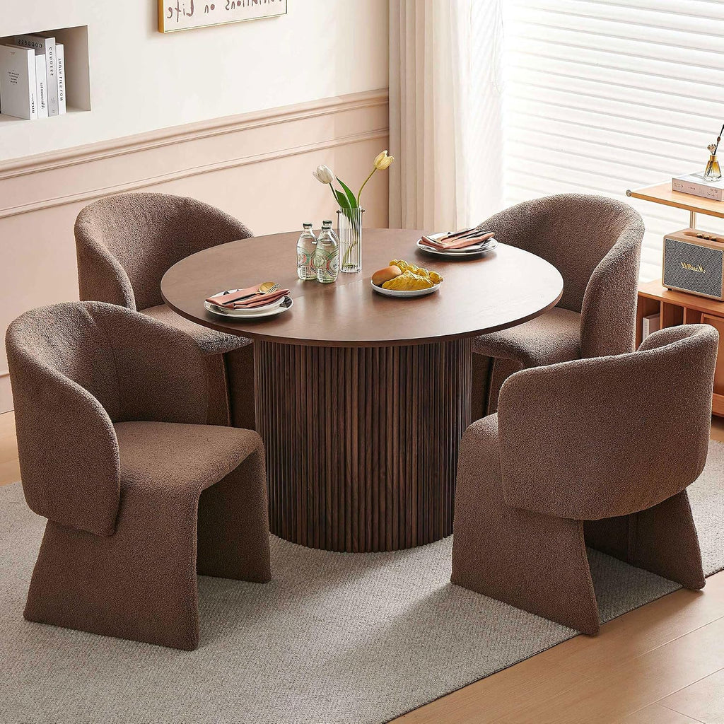 Homedot 47" Round Kitchen Dining Table Walnut for 4 with Veneer Tabletop | Farmhouse Dinner Table Fluted| Two-Part Tabletop| Rustic Circle Dining Table with Wooden Strip Base for Dining Living Room