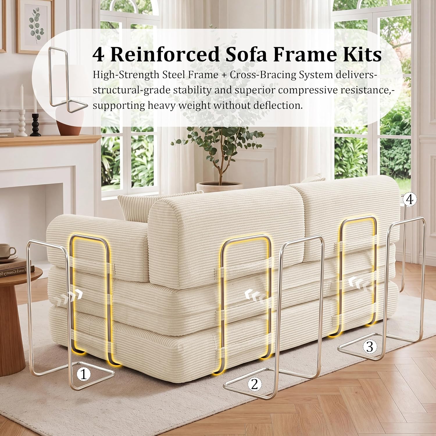 BSHOMGI Convertible Sofa Couch Bed, Folding Corduroy Floor Compression Loveseat Sleeper with Fixed-Shape Frame, King Size Sofas for Guest Room Living Room No Assembly Required (Includes 2 Pillows)