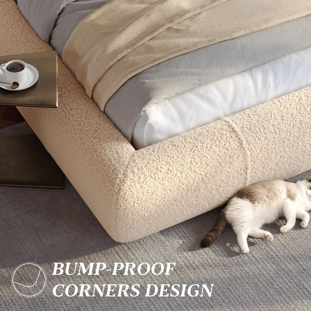 Homkdom Queen Boucle Platform Bed Frame with Anti-Collision Corners, Beige