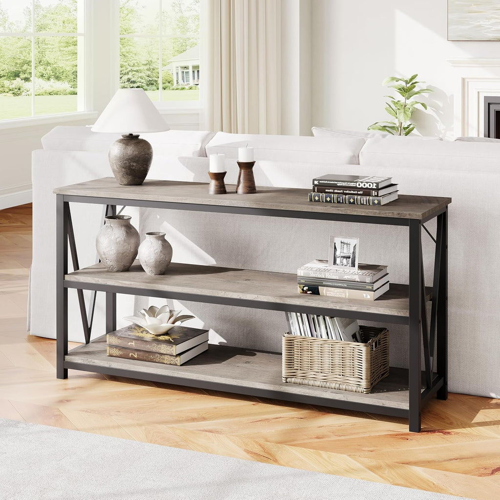 IDEALHOUSE Industrial Entryway Table, 47 in Narrow Long Console Table with Storage, 3 Tier Wood Console Table for Living Room, Farmhouse Sofa Tables Behind Couch, Hallway Table for Foyer-Grey