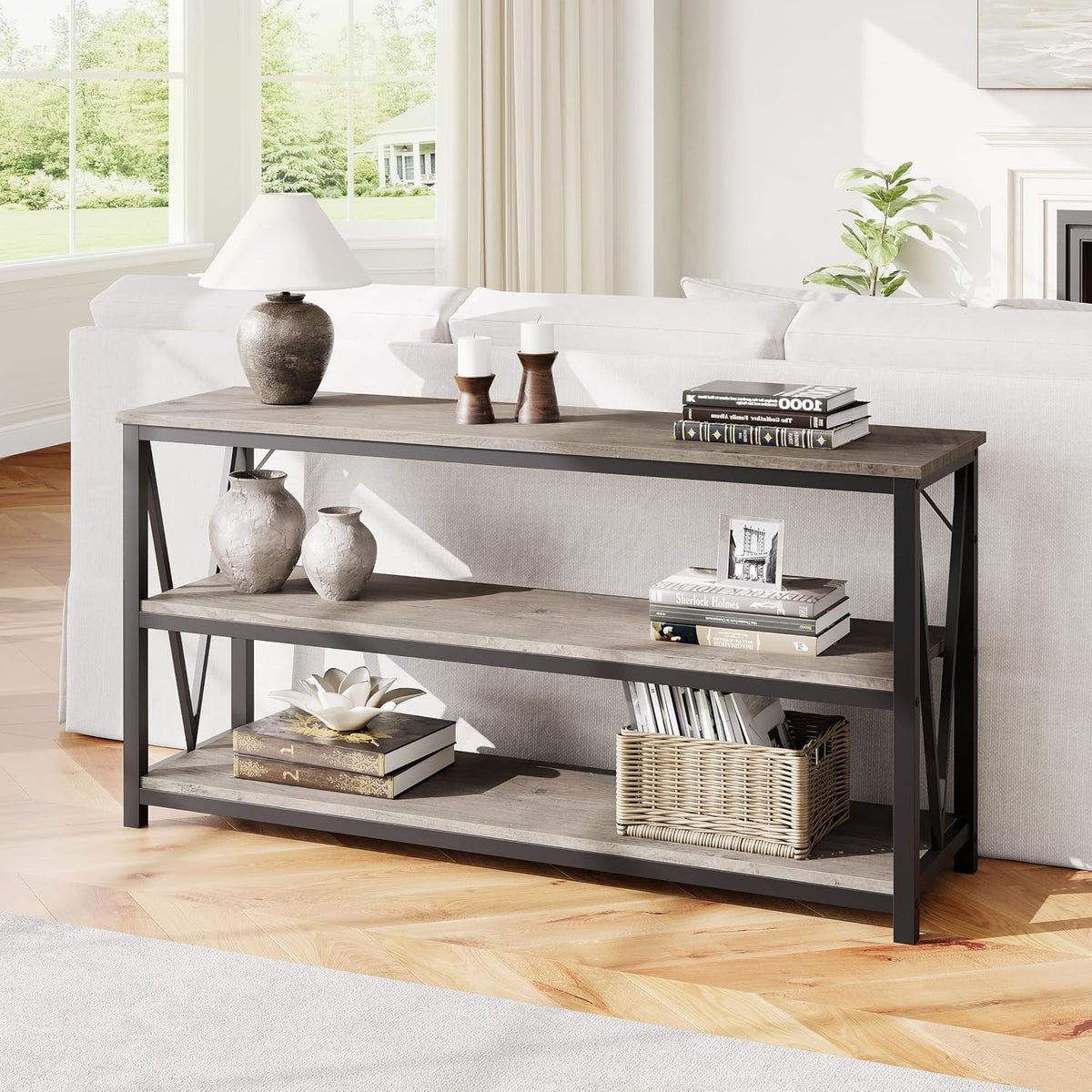 IDEALHOUSE Industrial Entryway Table, 47 in Narrow Long Console Table with Storage, 3 Tier Wood Console Table for Living Room, Farmhouse Sofa Tables Behind Couch, Hallway Table for Foyer-Grey