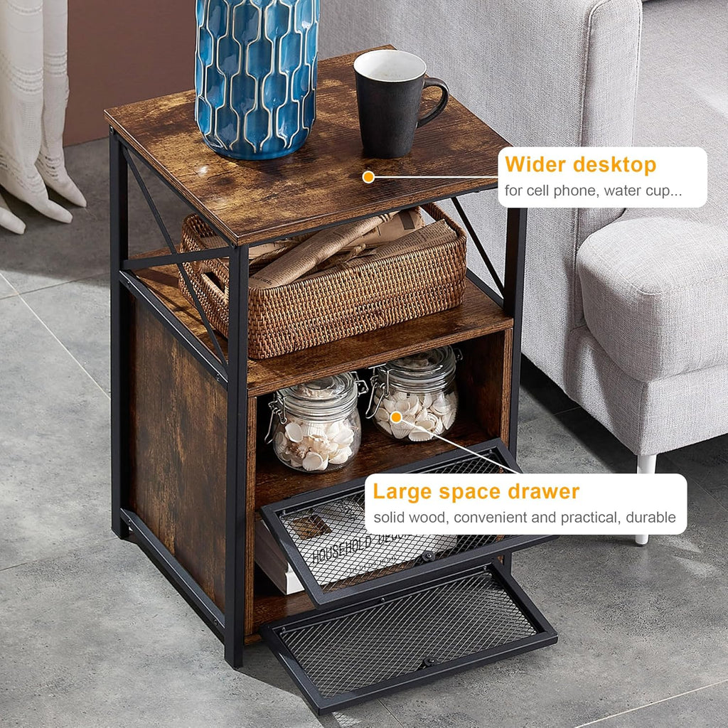 VECELO Nightstand Set of 2, End Table with Flip Drawer, Modern Night Stand for Bedroom,Living Room, Office, Easy Assembly, Amber Brown