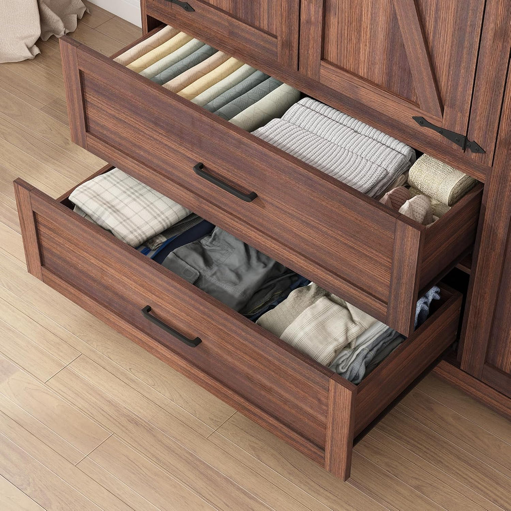 Hlivelood 3 Doors Wardrobe Armoire Closet with Doors and Drawers, Farmhouse Wooden Armoire Storage Cabinet with Shelves & Hanging Rod for Bedroom, Brown
