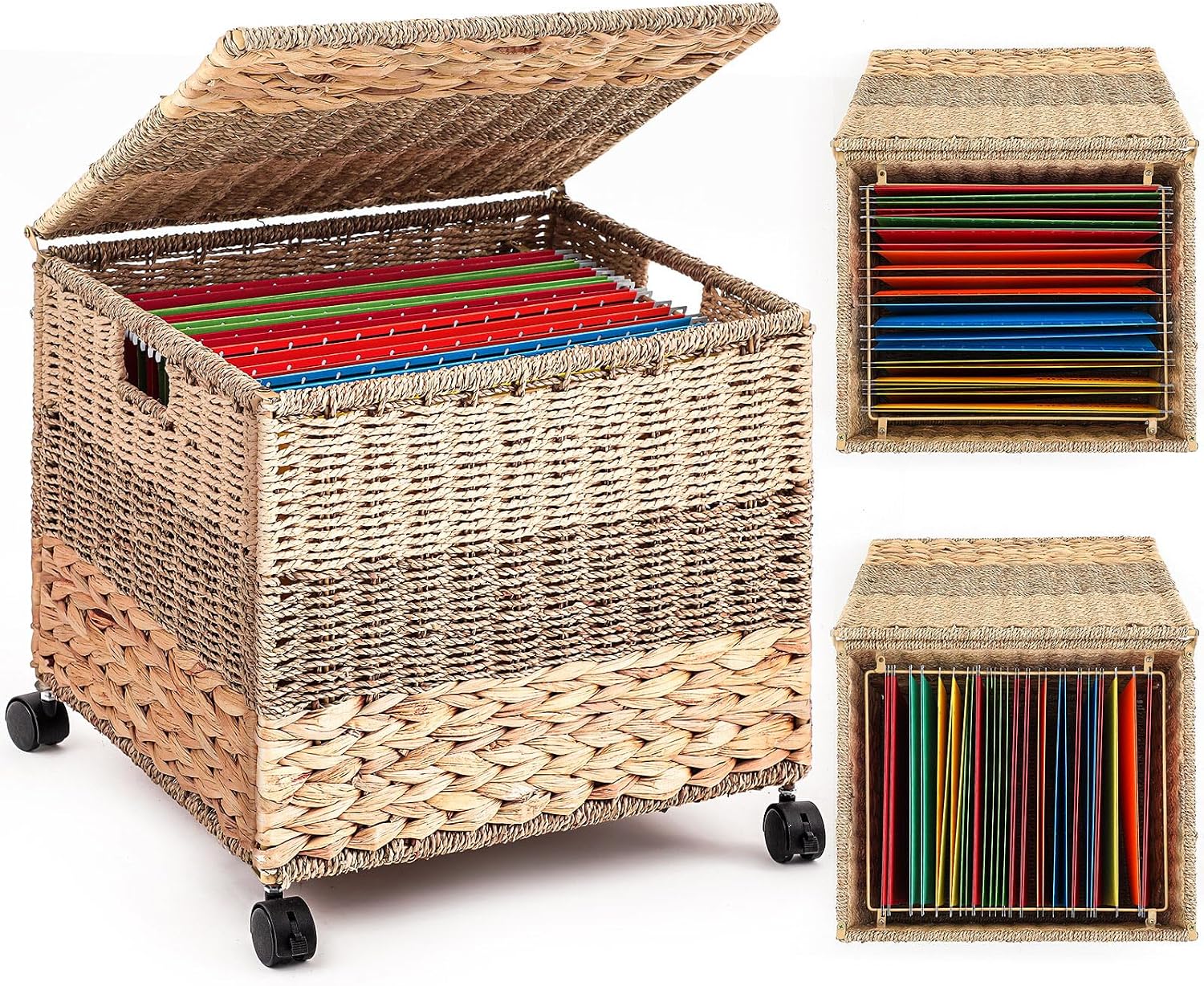 Cinnvoice Decorative Rolling File Cabinet 18 x 16 x 13 in Seagrass Wicker File Box Organizer for Letter & Legal Size Handwoven Hanging Filing Basket with Lid for Folder Home Office Decor Tricolor