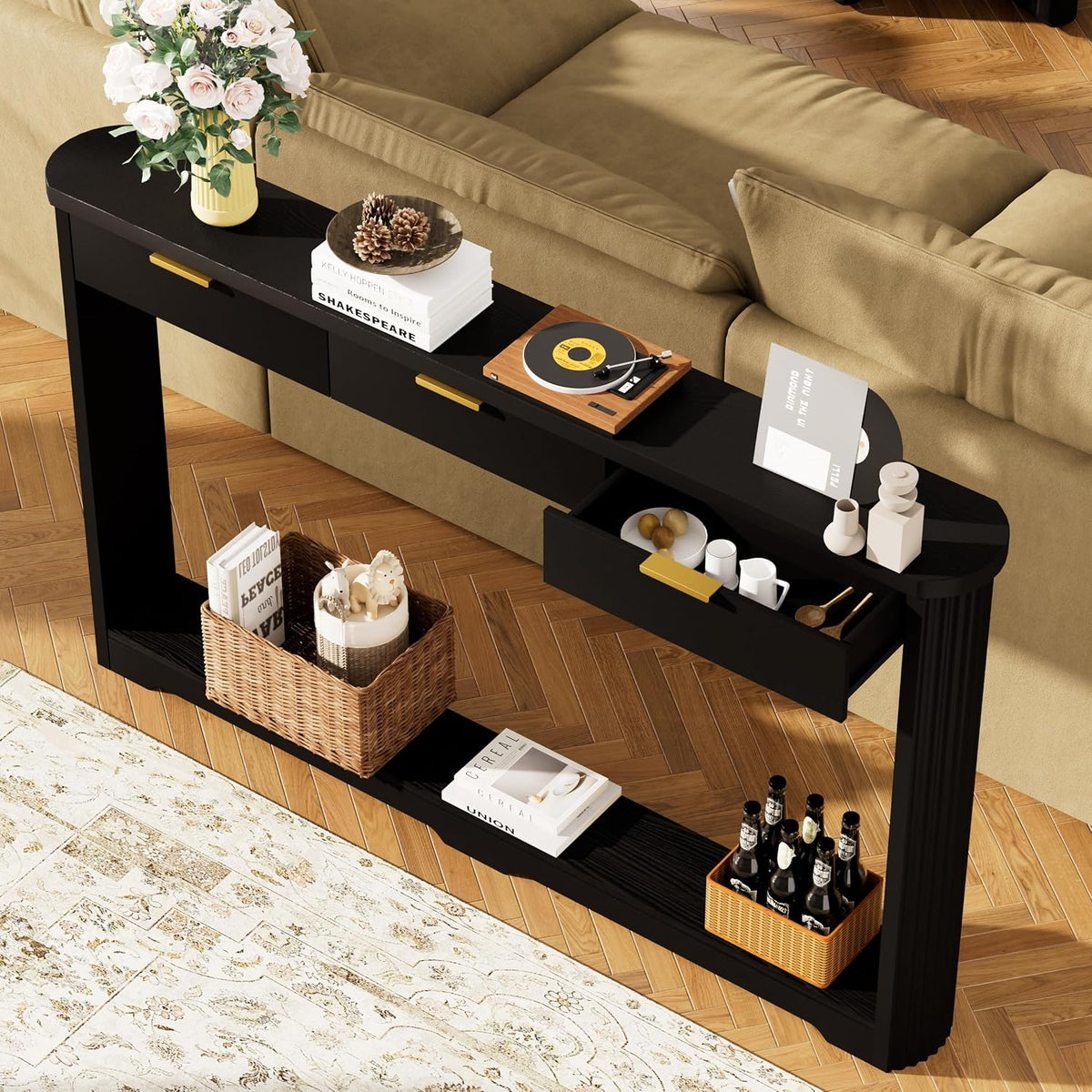 70" Slim Wooden Side Table, Wavy-Patterned Storage Table with 3 Drawers, Console Tables for Living Room, Entryway, Hallway, Sofa Tables Behind Sofa, Curved Arc Design, Modern Style, Black